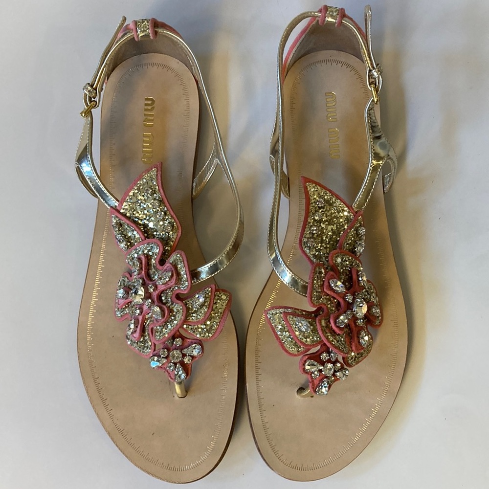 Miu Miu Gold Glitter Coral Pink Crystal Leather Flower Sandals Flats 36.5